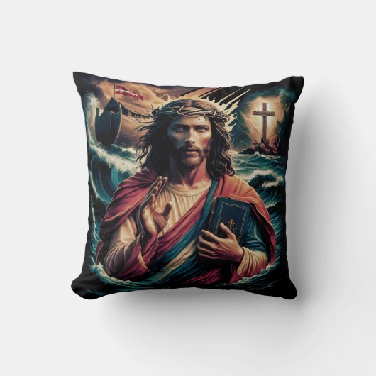 荒れ狂う波の中でイエスは本を持って クッション (正面)