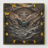 荒れ狂う波の中で腕を伸ばしたイエス スクエア壁時計 (正面)