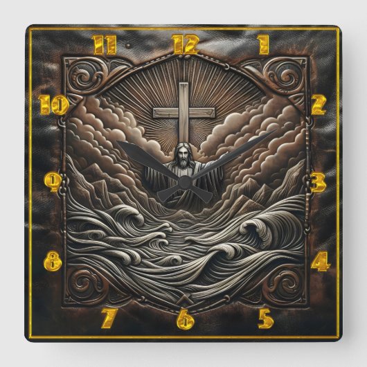 荒れ狂う波の中で腕を伸ばしたイエス スクエア壁時計 (正面)