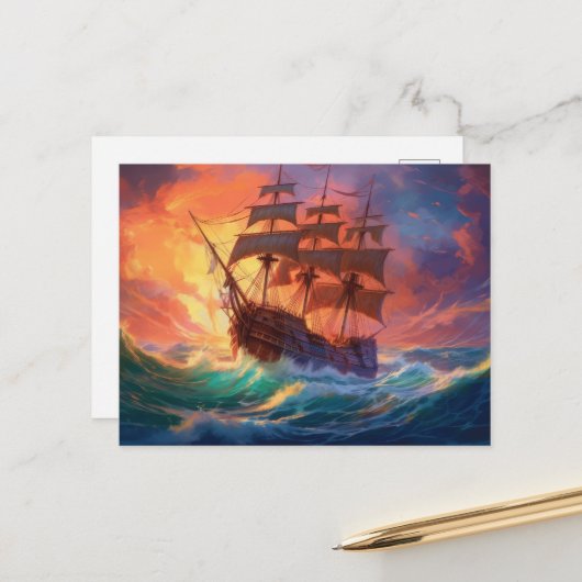 荒れ狂う海で船を航行する シーズンポストカード (正面/裏面インサイチュ)