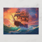 荒れ狂う海で船を航行する シーズンポストカード (正面)