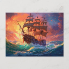 荒れ狂う海で船を航行する シーズンポストカード