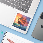 荒れ狂う海で船を航行する シール (ノートパソコンとiPhone)