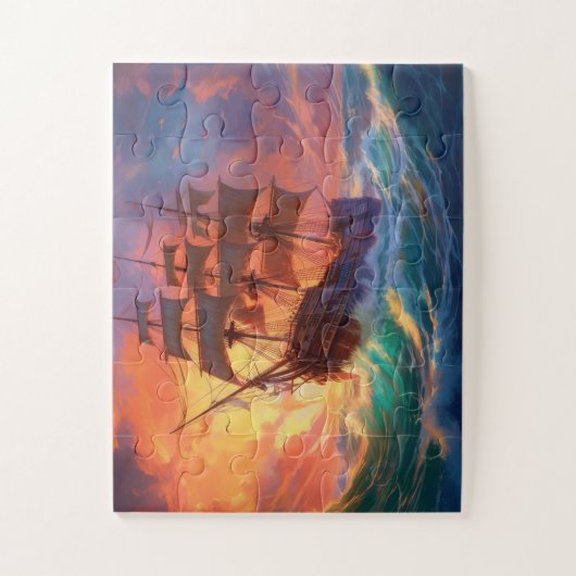 荒れ狂う海で船を航行する ジグソーパズル (縦)