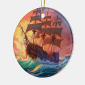 荒れ狂う海で船を航行する セラミックオーナメント (左)