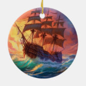 荒れ狂う海で船を航行する セラミックオーナメント (裏面)