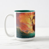 荒れ狂う海で船を航行する ツートーンマグカップ (左)