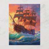 荒れ狂う海で船を航行する ポストカード (正面)