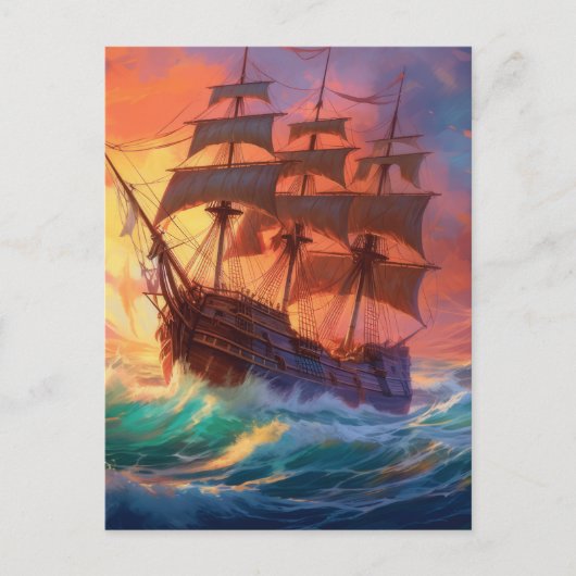 荒れ狂う海で船を航行する ポストカード (正面)