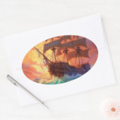 荒れ狂う海で船を航行する 楕円形シール (封筒)