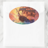 荒れ狂う海で船を航行する 楕円形シール (バッグ)