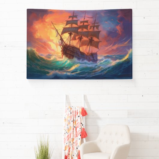 荒れ狂う海で船を航行する 横断幕 (インサイチュ)