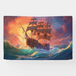 荒れ狂う海で船を航行する 横断幕