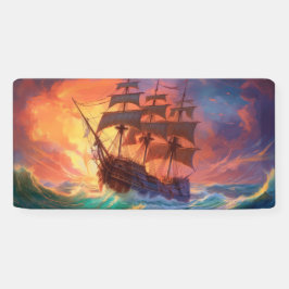 荒れ狂う海で船を航行する 横断幕