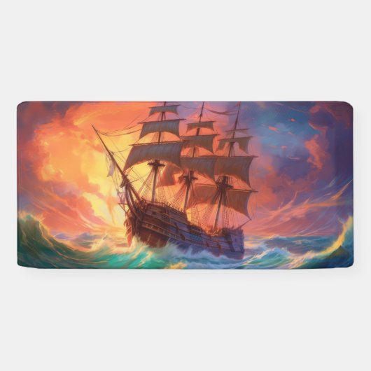 荒れ狂う海で船を航行する 横断幕 (横)