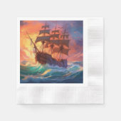 荒れ狂う海で船を航行する 縁ありカクテルナプキン (正面)