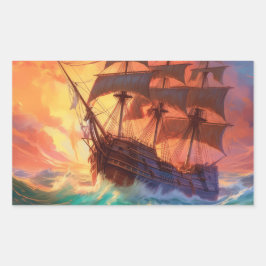荒れ狂う海で船を航行する 長方形シール