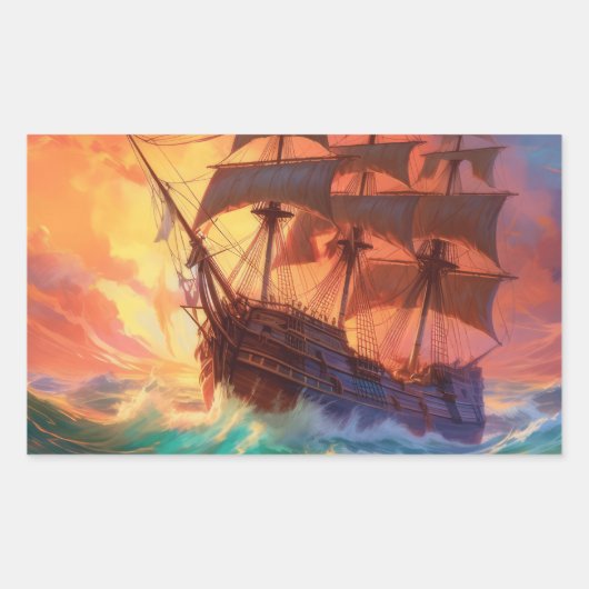荒れ狂う海で船を航行する 長方形シール (正面)