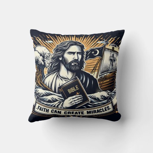 荒れ狂う海と船の中でイエスは聖書を持っている クッション (裏面)