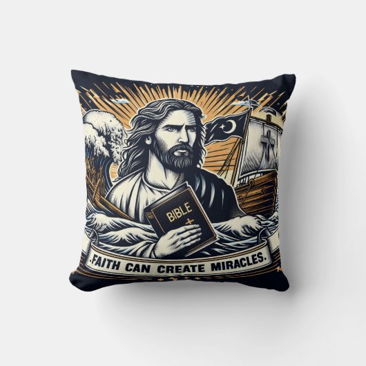 荒れ狂う海と船の中でイエスは聖書を持っている クッション (正面)