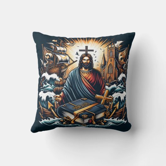 荒れ狂う海に神聖な本を持ったイエス クッション (裏面)