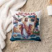 荒れ狂う海の上で創造を受け入れているイエス クッション (ブランケット)