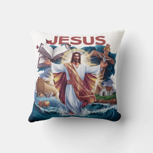 荒れ狂う海の上で創造を受け入れているイエス クッション (裏面)