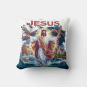 荒れ狂う海の上で創造を受け入れているイエス クッション (正面)
