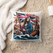 荒れ狂う海の中でイエスは旗を掲げている クッション (ブランケット)