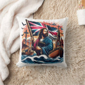 荒れ狂う海の中で旗を掲げているイエス クッション (ブランケット)