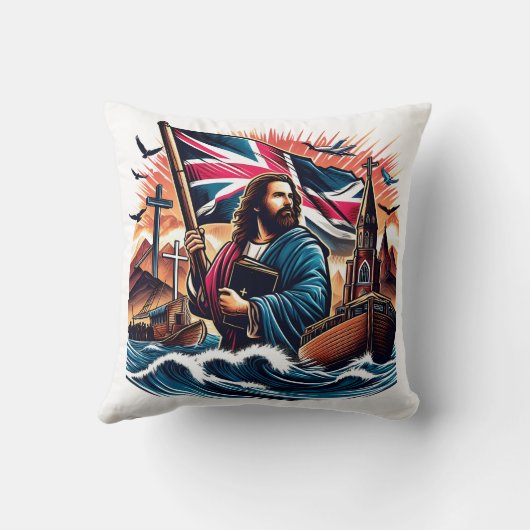 荒れ狂う海の中で旗を掲げているイエス クッション (裏面)