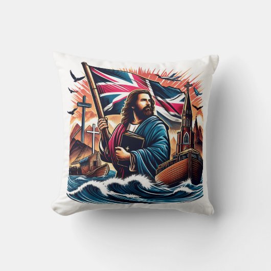荒れ狂う海の中で旗を掲げているイエス クッション (正面)