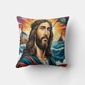 荒れ狂う海の中で王冠と旗を持つイエス クッション (裏面)