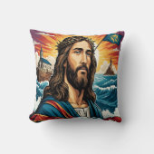 荒れ狂う海の中で王冠と旗を持つイエス クッション (正面)