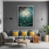 荒れ狂う海の孤独なボート海風景 ポスター