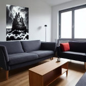 荒れ狂う海の岩の上の城 | AIアートポスター ポスター