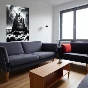 荒れ狂う海の岩の上の城   AIアートポスター ポスター