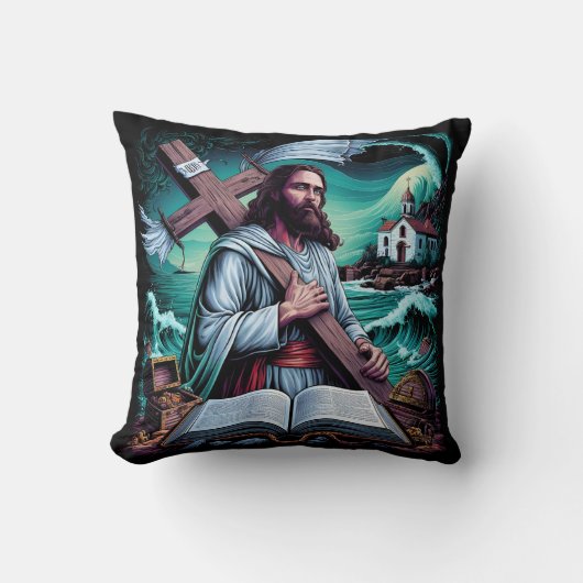 荒れ運る海の十字架 クッション (正面)