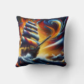 荒れ鮮やか狂う海を航行する海賊船 クッション (裏面)