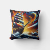 荒れ鮮やか狂う海を航行する海賊船 クッション (正面)