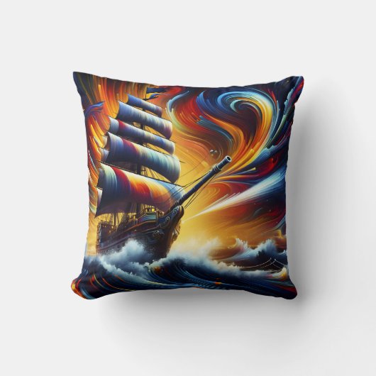 荒れ鮮やか狂う海を航行する海賊船 クッション (正面)