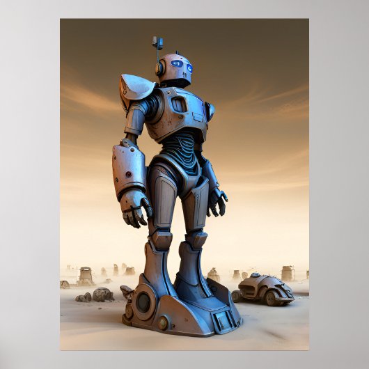 荒廃した荒野のロボット像 AI ポスター (正面)