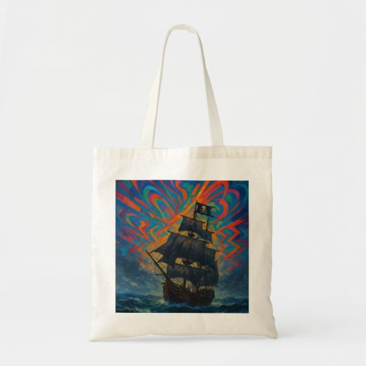 荒波の中の海賊船 油絵スタイル トートバッグ (正面)