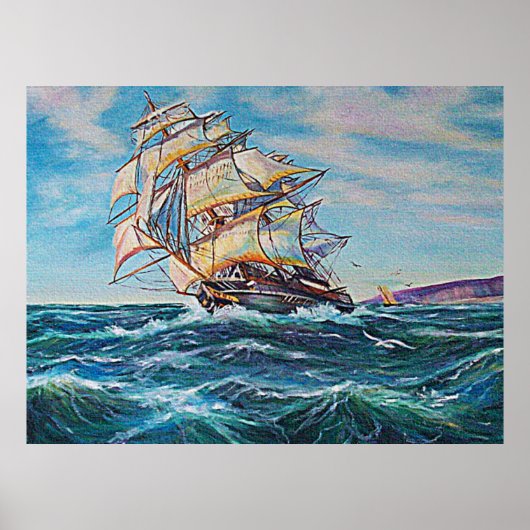 荒波の帆船の油絵画像ポスター ポスター (正面)