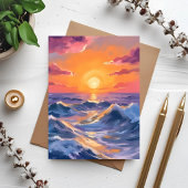 荒波の海の水彩画カード