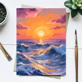荒波の海の水彩画カード