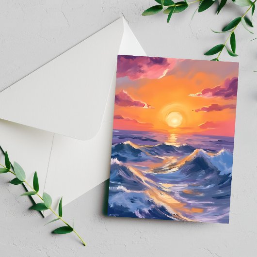 荒波の海の水彩画カード