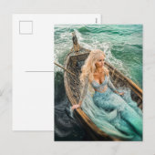 荒波の海の波の上のボートにいる人魚 シーズンポストカード (正面/裏面)