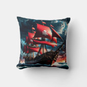荒波の海を航行する赤海海賊 クッション (正面)