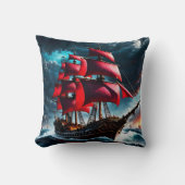 荒波の海を航行する赤海海賊 クッション (正面)
